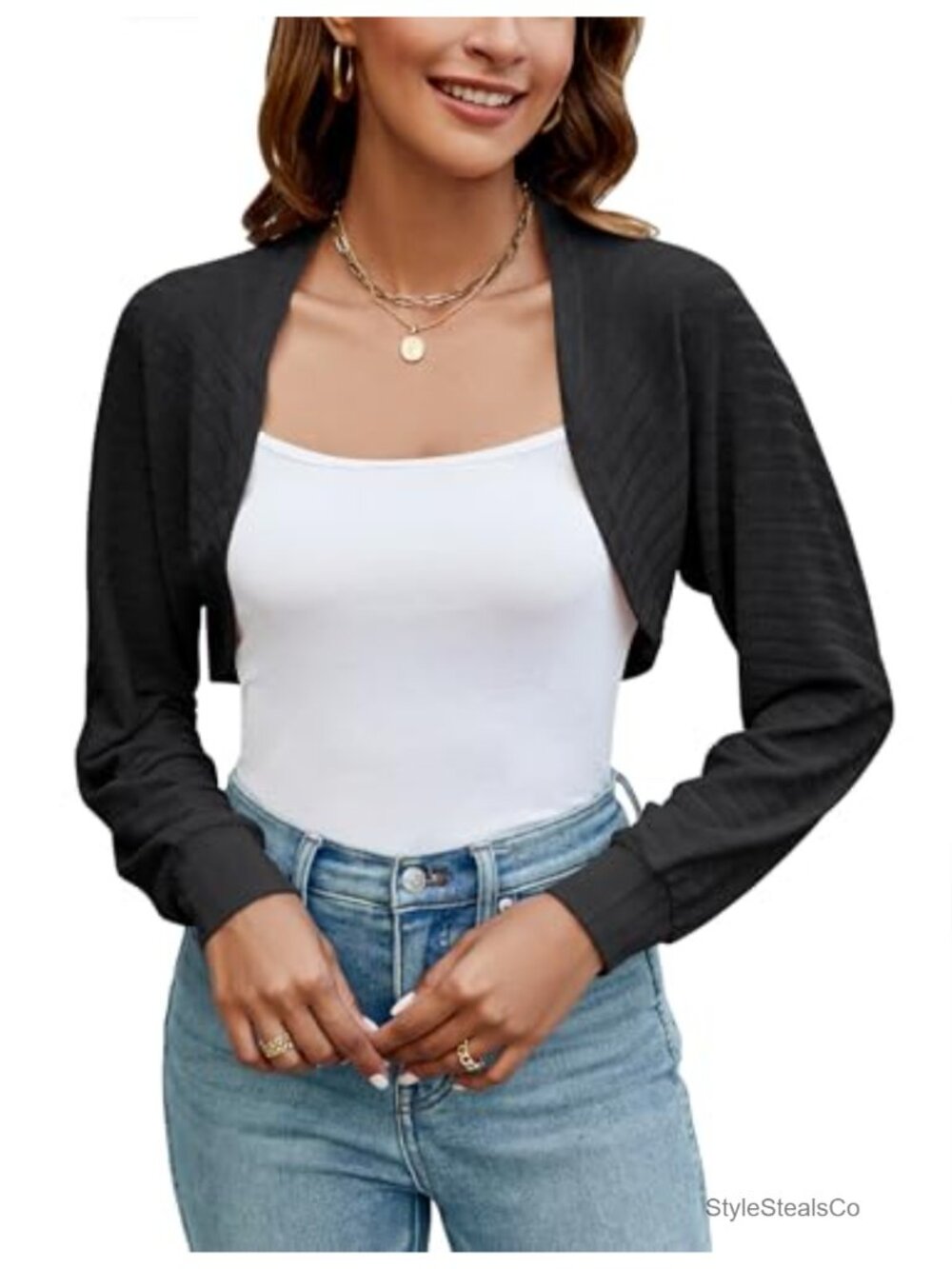 Women's Cropped Open Front Cardigan Bolero Shrug Long Sleeve Lightweight Knit